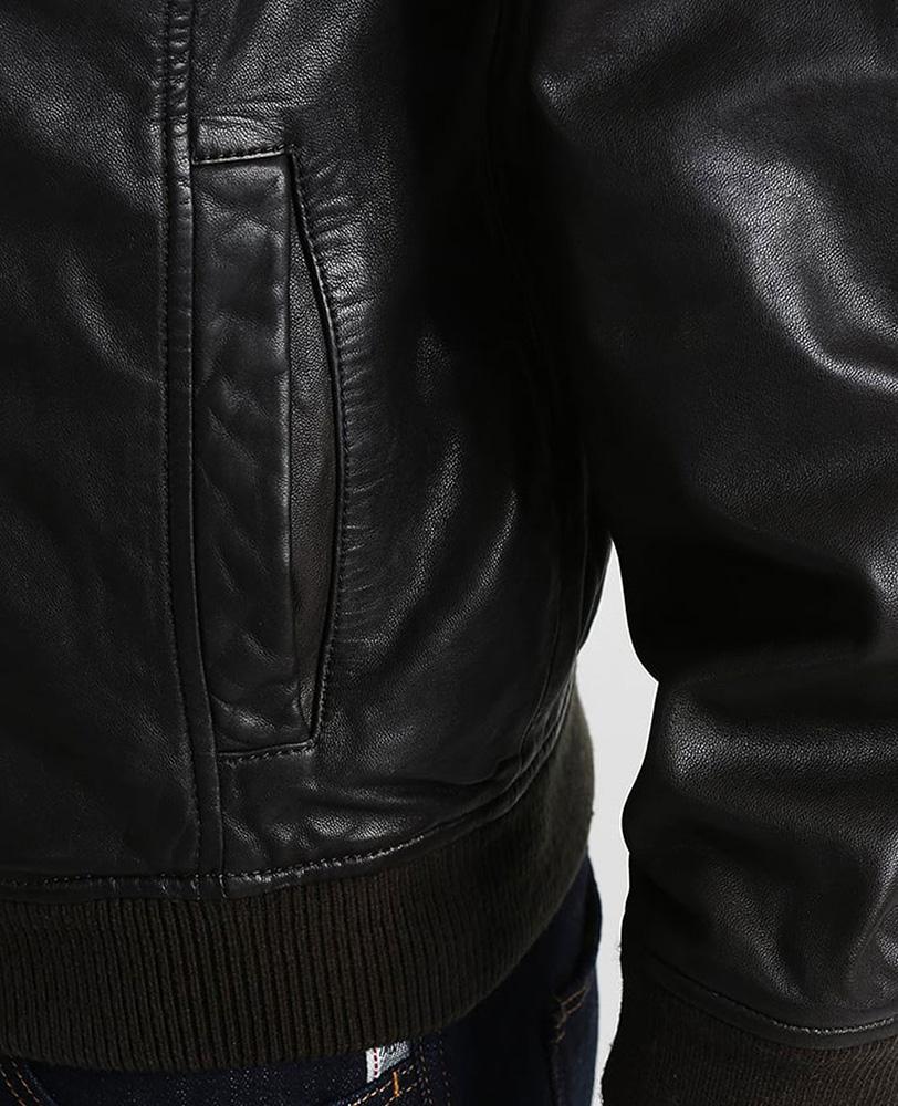men's black hooded lambskin leather bomber jacket gideon back view