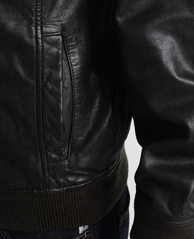 men's black hooded lambskin leather bomber jacket gideon back view