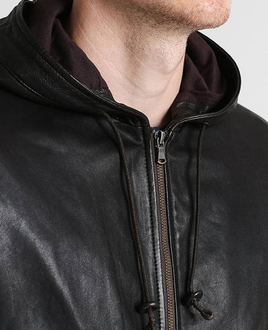 men's black hooded lambskin leather bomber jacket gideon detail close up