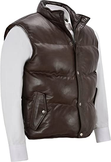 Men's Chocolate Brown Puffer Leather Vest - AMSEL LEATHERS