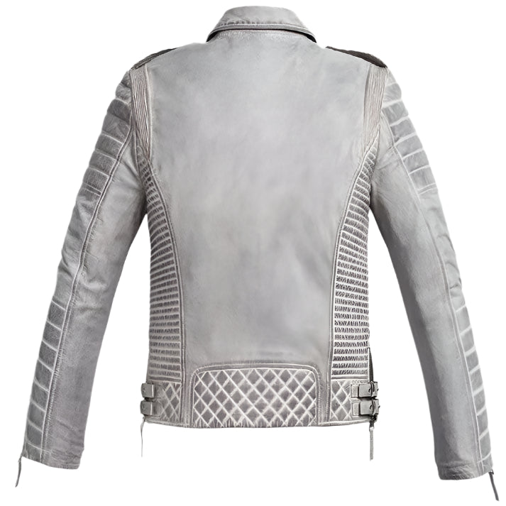 Men's Chrome White Waxed Biker Leather Motorcycle Jacket - AMSEL LEATHERS