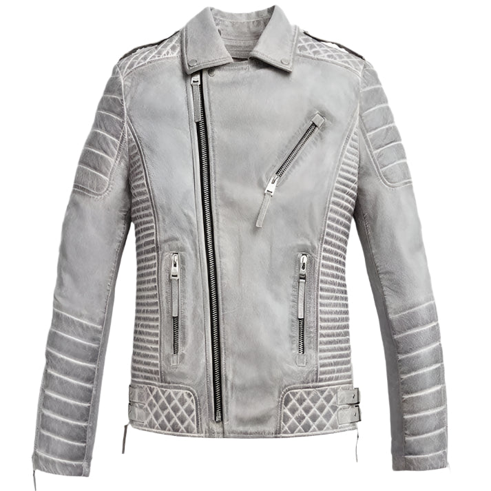 Men's Chrome White Waxed Biker Leather Motorcycle Jacket - AMSEL LEATHERS