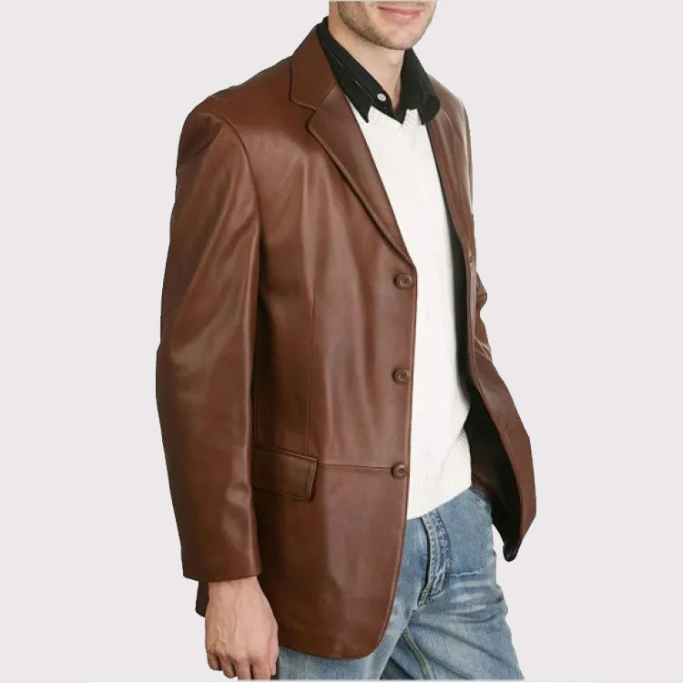 Classic Brown Leather Blazer with Three Buttons for Men - AMSEL LEATHERS