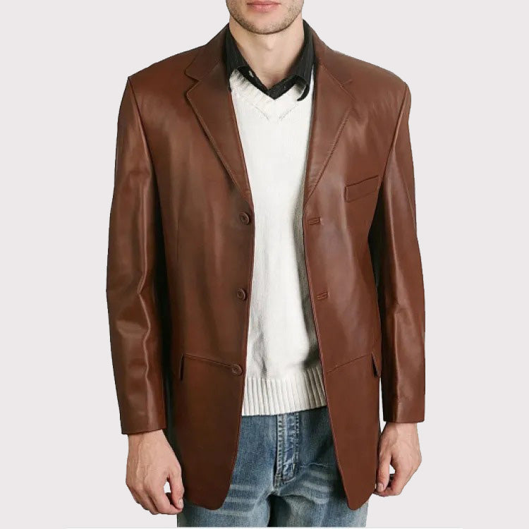 Classic Brown Leather Blazer with Three Buttons for Men - AMSEL LEATHERS