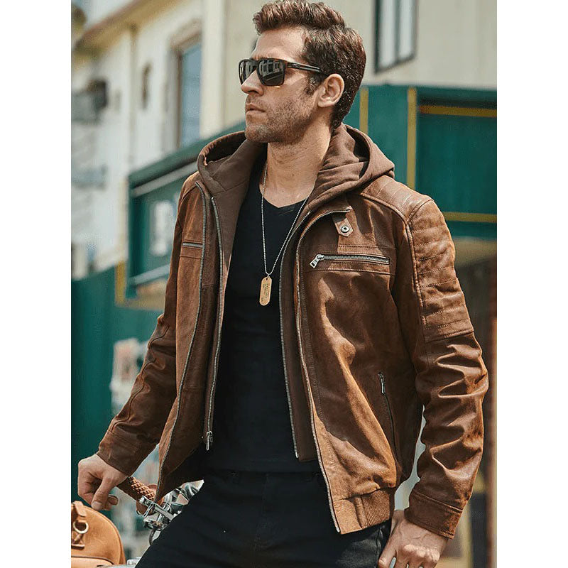 Men's Classy Suede Leather Jacket with Detachable Hood - AMSEL LEATHERS