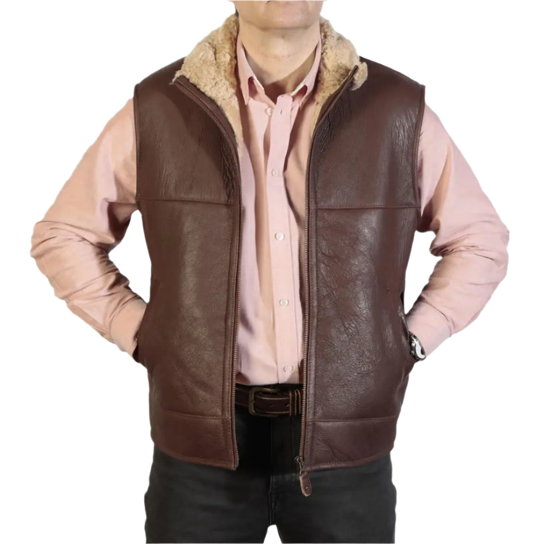 Men's Cognac Leather Sheepskin Gilet Amsel Leathers