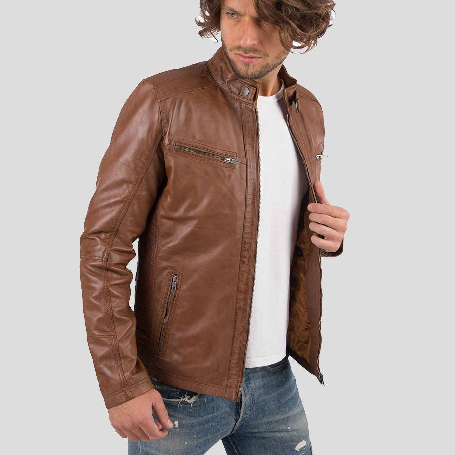 Men's Cognac Genuine Sheep Leather Biker Jacket - AMSEL LEATHERS