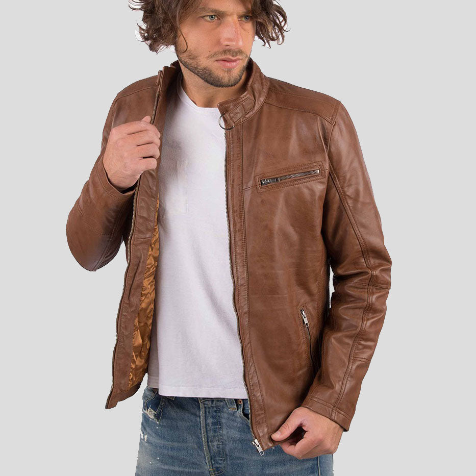 Men's Cognac Genuine Sheep Leather Biker Jacket - AMSEL LEATHERS