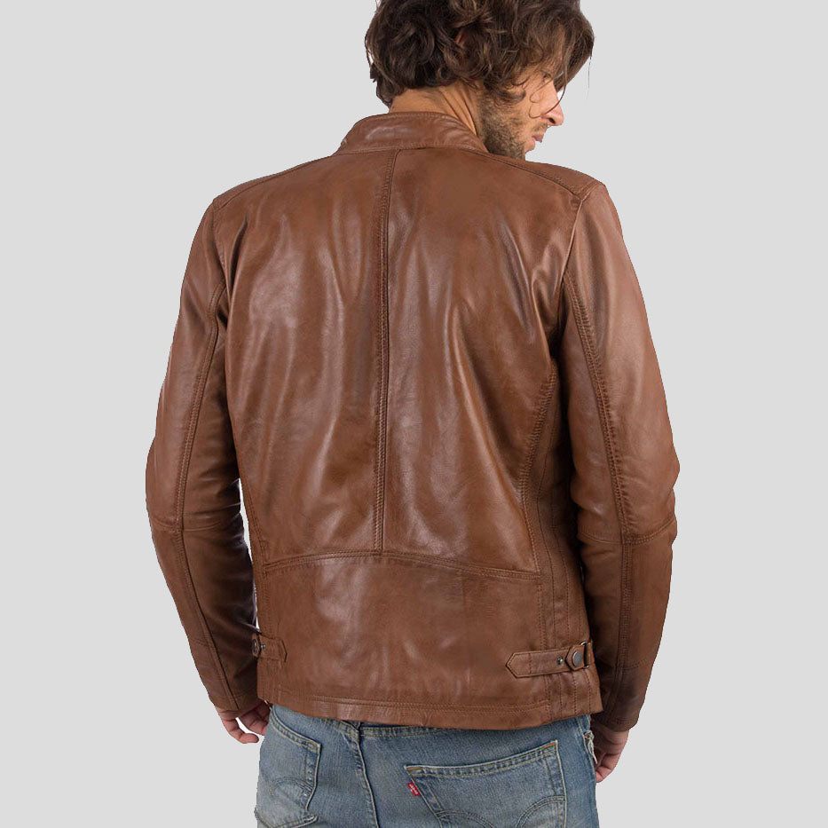 Men's Cognac Genuine Sheep Leather Biker Jacket - AMSEL LEATHERS