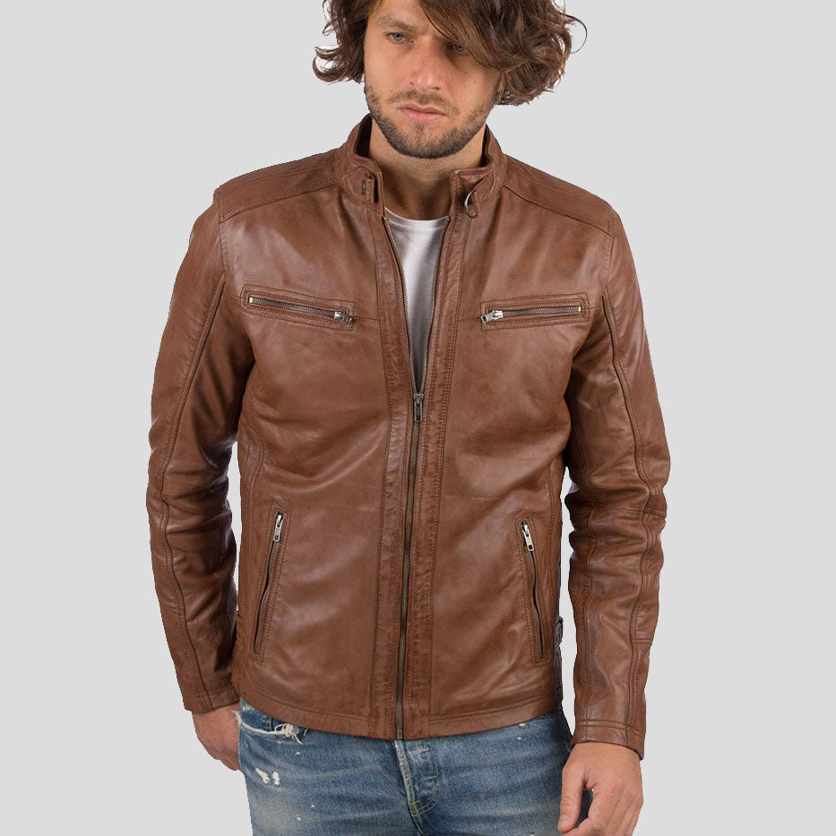 Men's Cognac Genuine Sheep Leather Biker Jacket - AMSEL LEATHERS