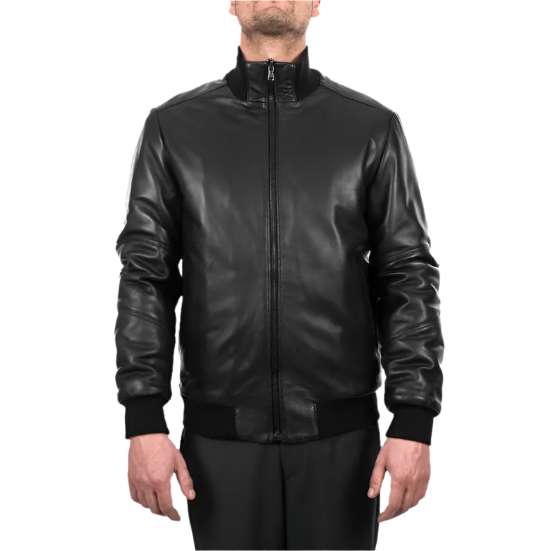 Men's Comfortable Fit Black Lambskin Leather Bomber Jacket Amsel Leathers