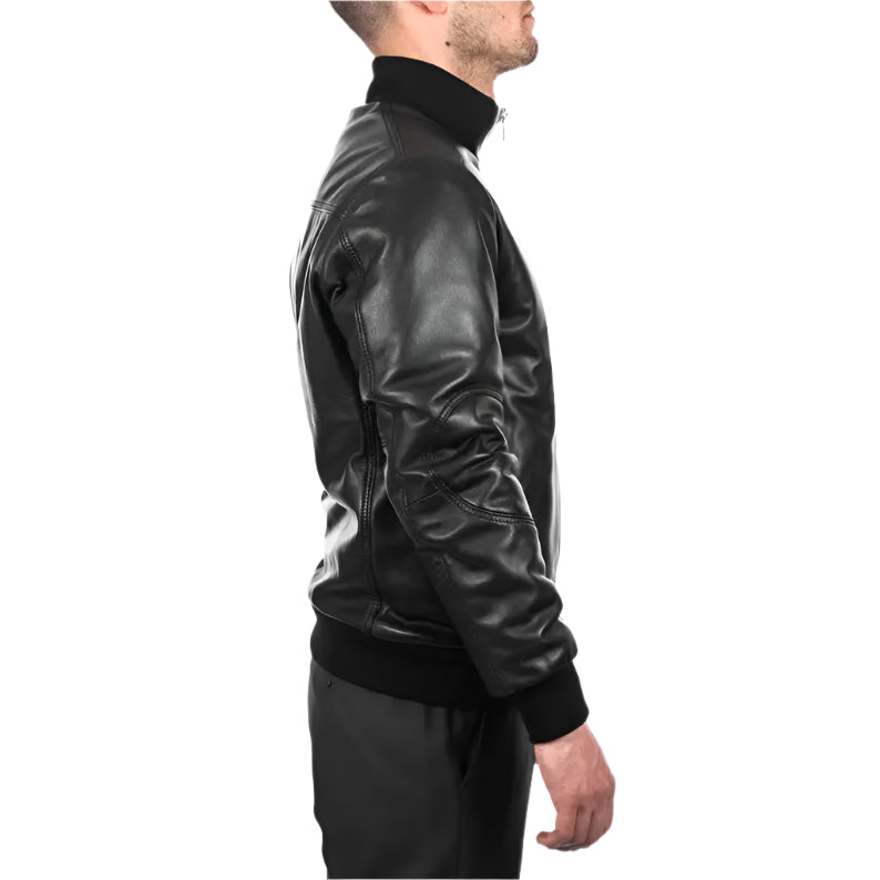 Men's Comfortable Fit Black Lambskin Leather Bomber Jacket Amsel Leathers