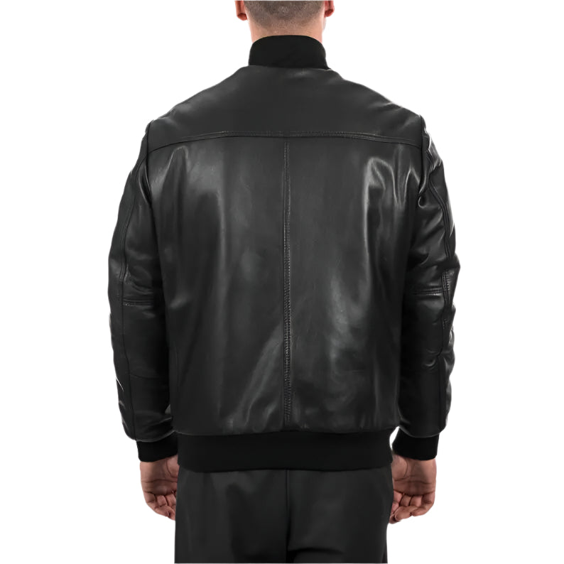 Men's Comfortable Fit Black Lambskin Leather Bomber Jacket Amsel Leathers