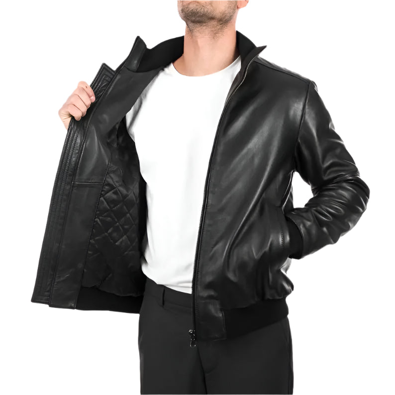 Men's Comfortable Fit Black Lambskin Leather Bomber Jacket Amsel Leathers