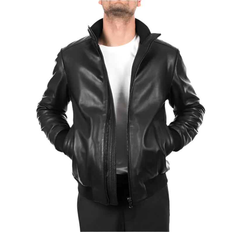 Men's Comfortable Fit Black Lambskin Leather Bomber Jacket Amsel Leathers