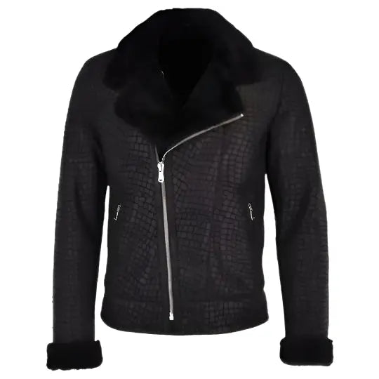 Mens Crocodile Print Sheepskin Coat in Black - AMSEL LEATHERS