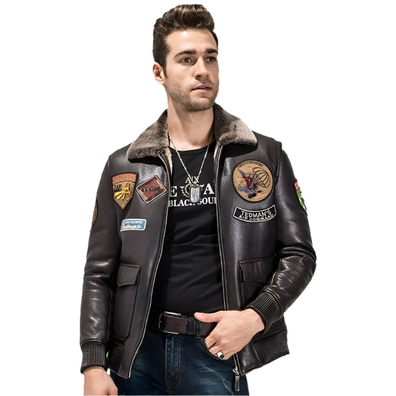 Men's Dark Brown Sheepskin Military Jacket Aviator Coat - AMSEL LEATHERS