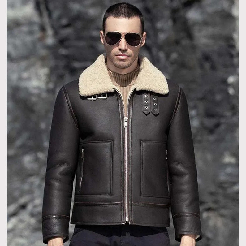 Men's Dark Brown Sheepskin Leather Shearling Motorcycle Jacket - AMSEL LEATHERS