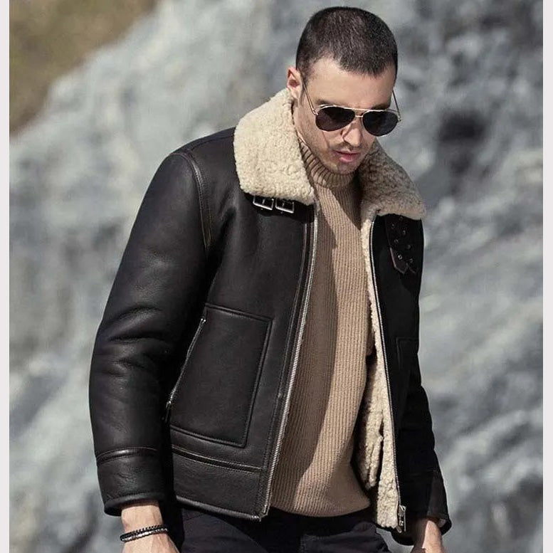 Men's Dark Brown Sheepskin Leather Shearling Motorcycle Jacket - AMSEL LEATHERS