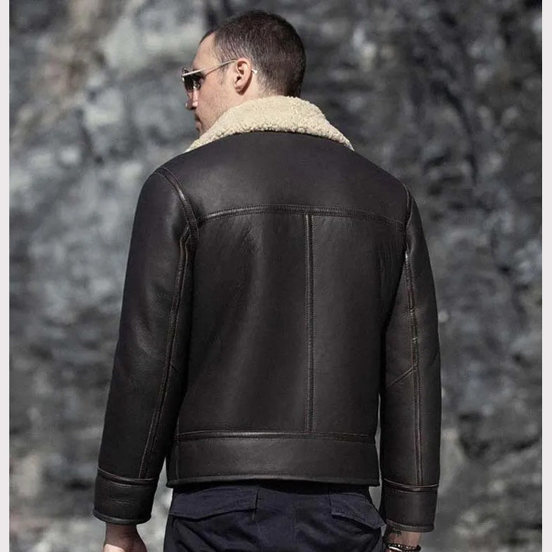 Men's Dark Brown Sheepskin Leather Shearling Motorcycle Jacket - AMSEL LEATHERS