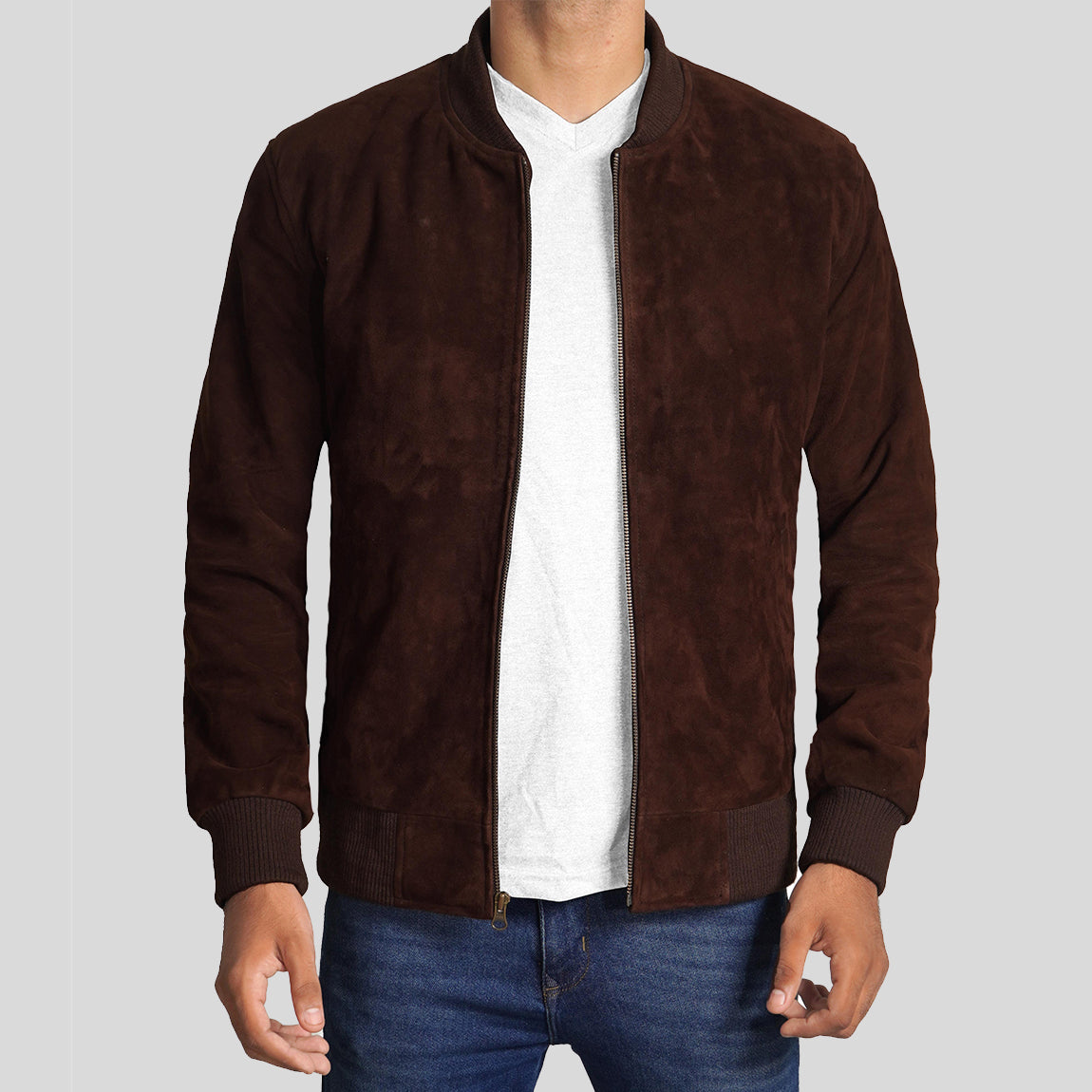 Men's Dark Brown Suede Leather Bomber Jacket - Classic - AMSEL LEATHERS