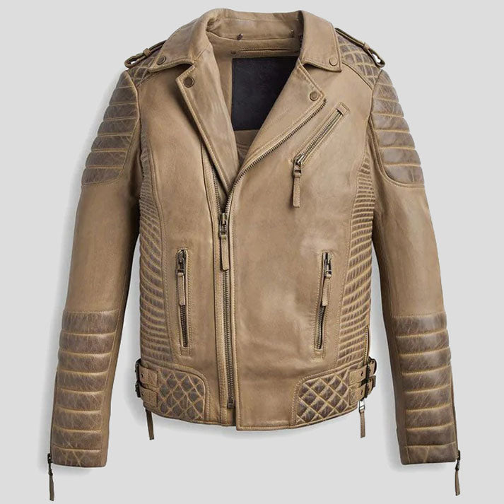 Men's Desert Brown Waxed Leather Biker Jacket - AMSEL LEATHERS