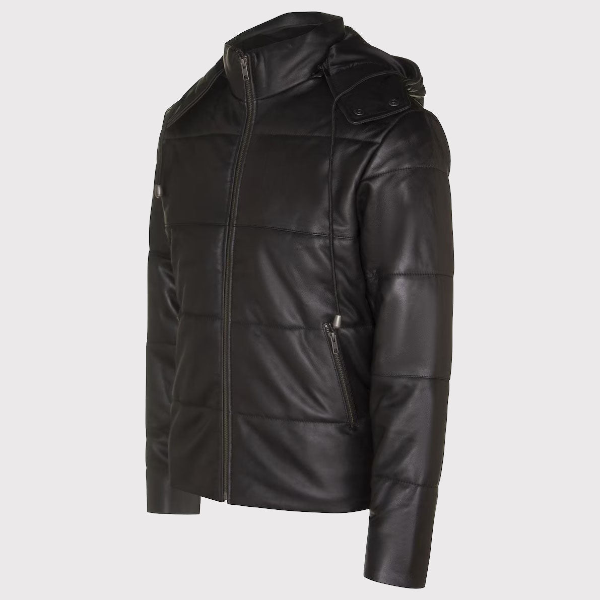 Men's Distressed Black Leather Puffer Jacket with Hood - AMSEL LEATHERS