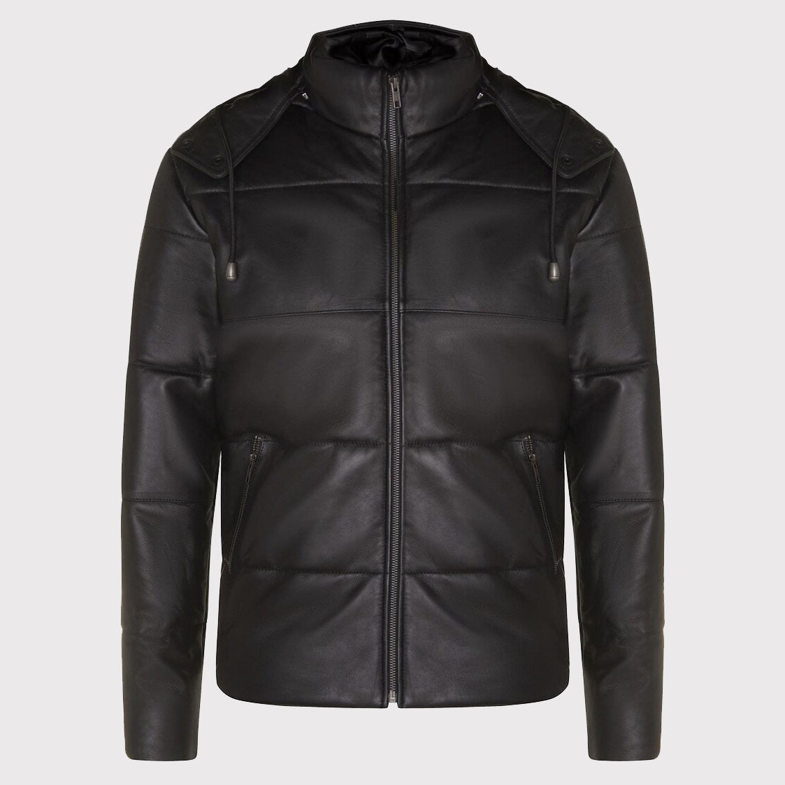 Men's Distressed Black Leather Puffer Jacket with Hood - AMSEL LEATHERS