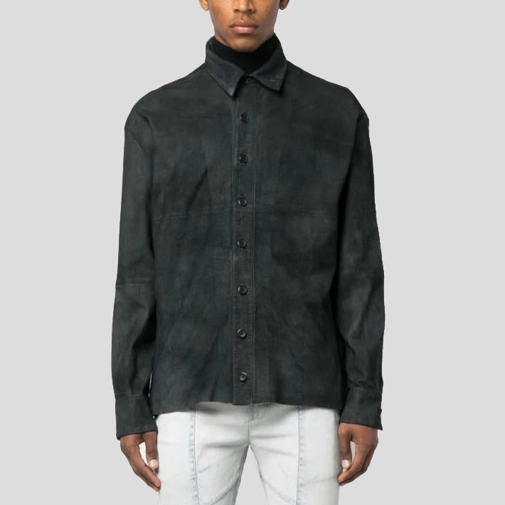 Men's Distressed Black Suede Leather Shirt - AMSEL LEATHERS