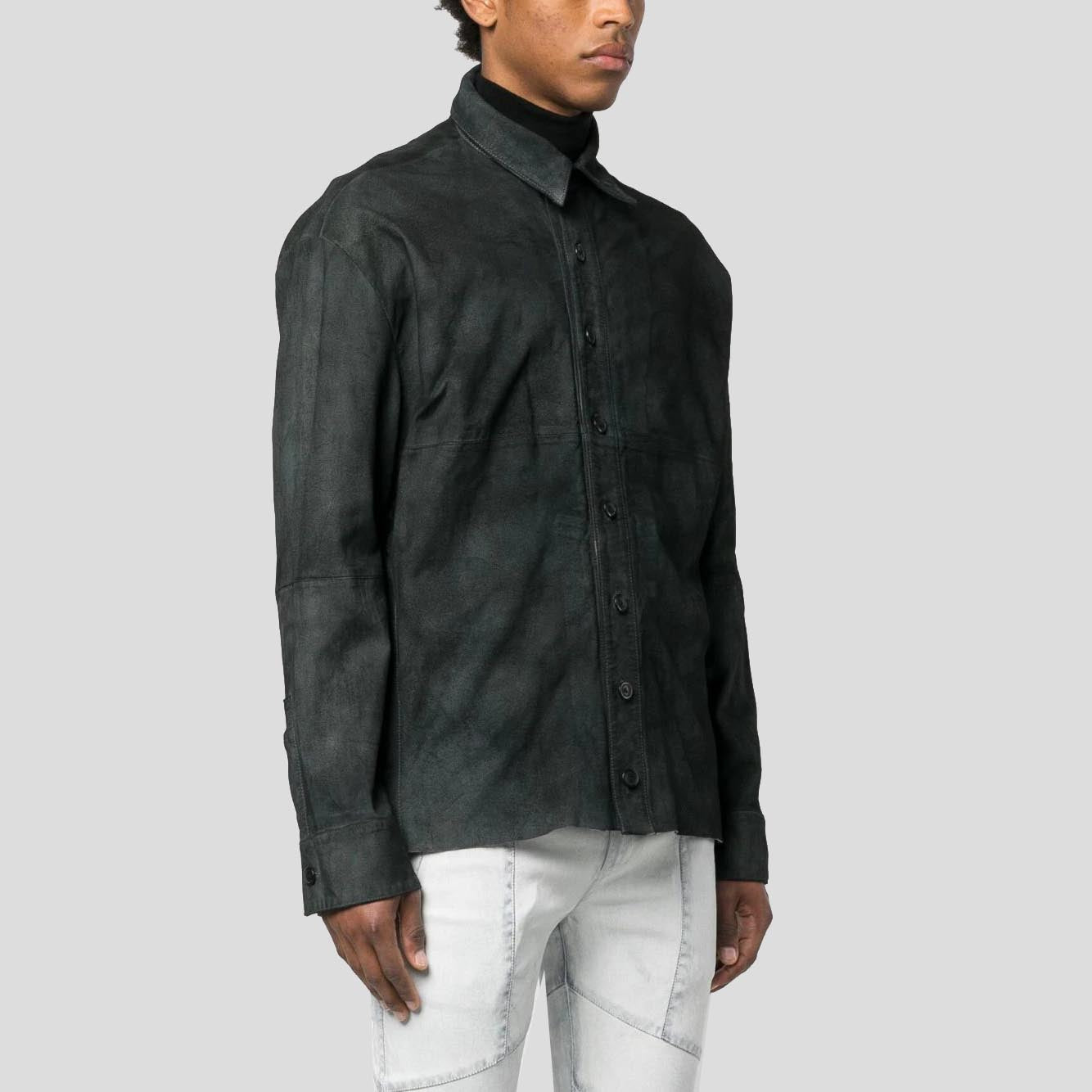 Men's Distressed Black Suede Leather Shirt - AMSEL LEATHERS