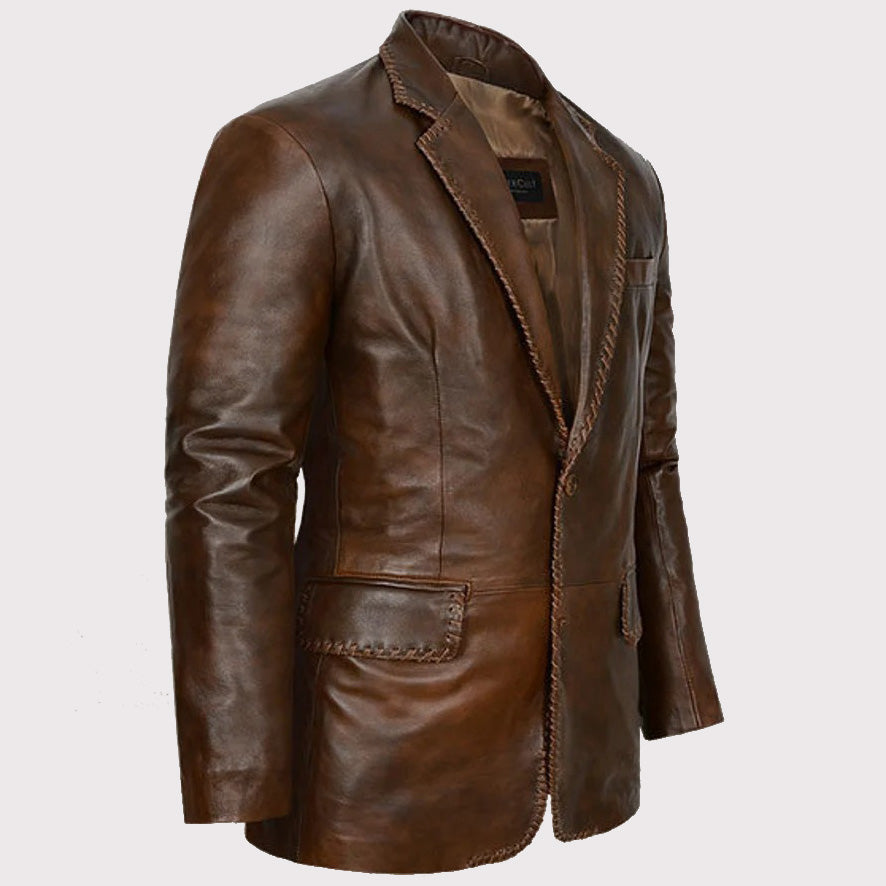 Men's Distressed Brown Leather Blazer - AMSEL LEATHERS