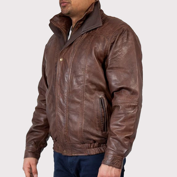 Men's Double Collar Leather Bomber Jacket - AMSEL LEATHERS