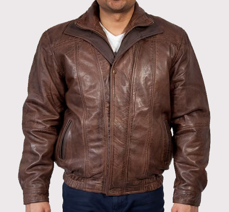 Men's Double Collar Leather Bomber Jacket - AMSEL LEATHERS