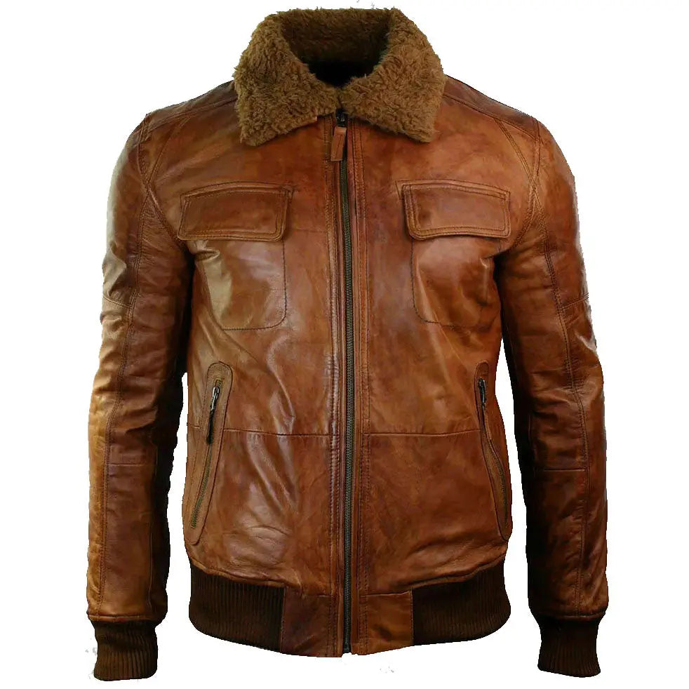 Men's Fashion Brown Fur Collar Winter Leather Jacket Amsel Leathers