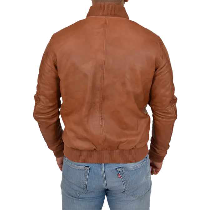 Men's Fitted Varsity Tan Leather Bomber Jacket Amsel Leathers