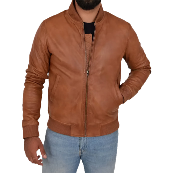 Men's Fitted Varsity Tan Leather Bomber Jacket Amsel Leathers