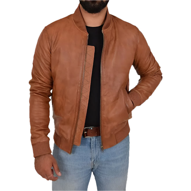 Men's Fitted Varsity Tan Leather Bomber Jacket Amsel Leathers