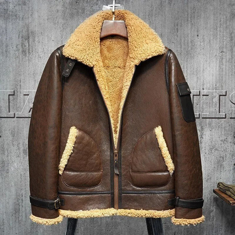 Men's Flying B3 Shearling Jacket - Dark Brown Aviator Coat - AMSEL LEATHERS