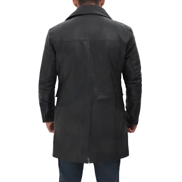 Mens Four Pocket Black Leather Trench Coat - AMSEL LEATHERS