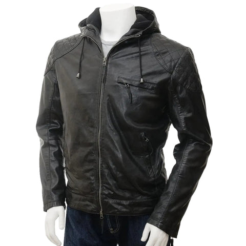 • black hooded leather jacket mens front view
