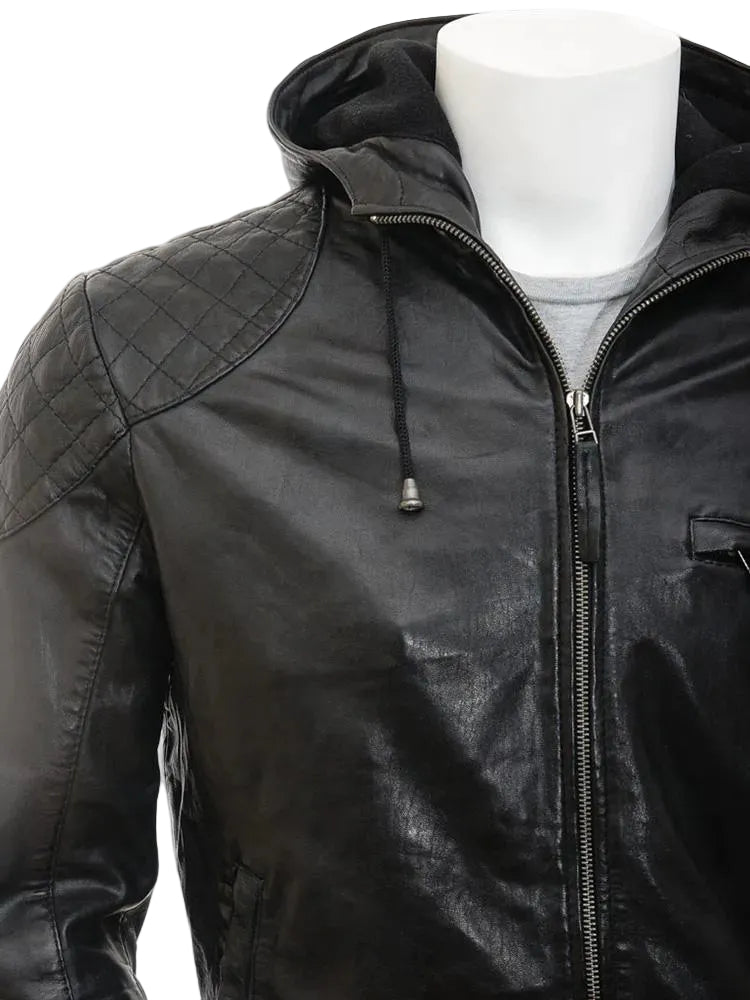 • hooded leather jacket zipper detail close up
