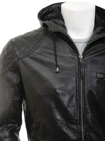 • hooded leather jacket zipper detail close up
