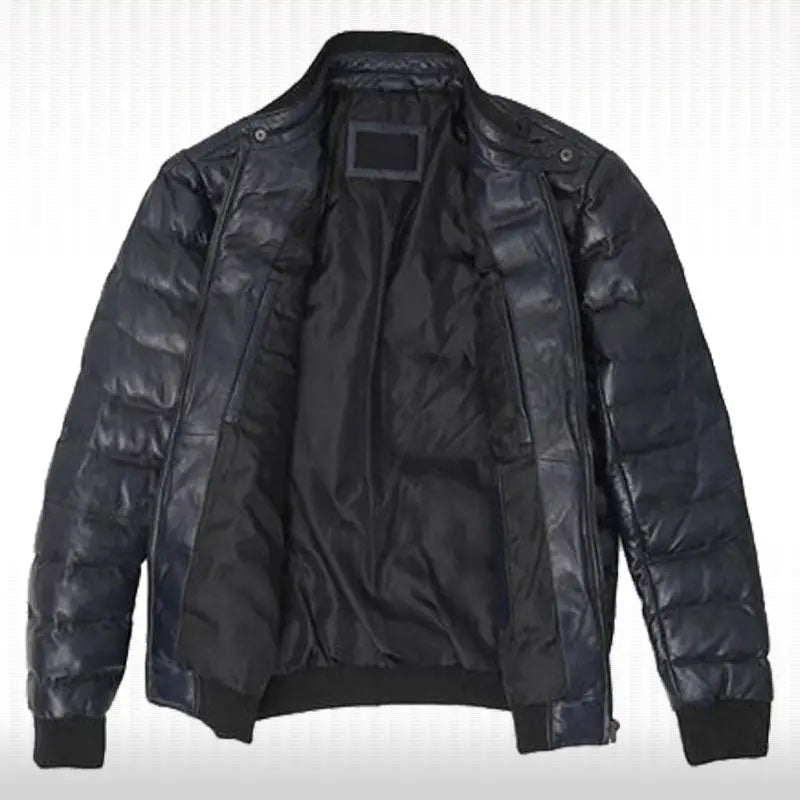 Men's Genuine Black Lambskin Bomber Leather Jacket - Padded Puffer Style Amsel Leathers