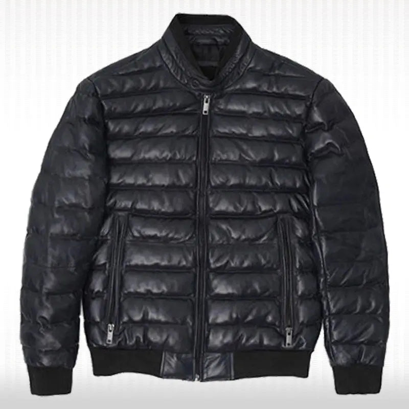 Men's Genuine Black Lambskin Bomber Leather Jacket - Padded Puffer Style Amsel Leathers