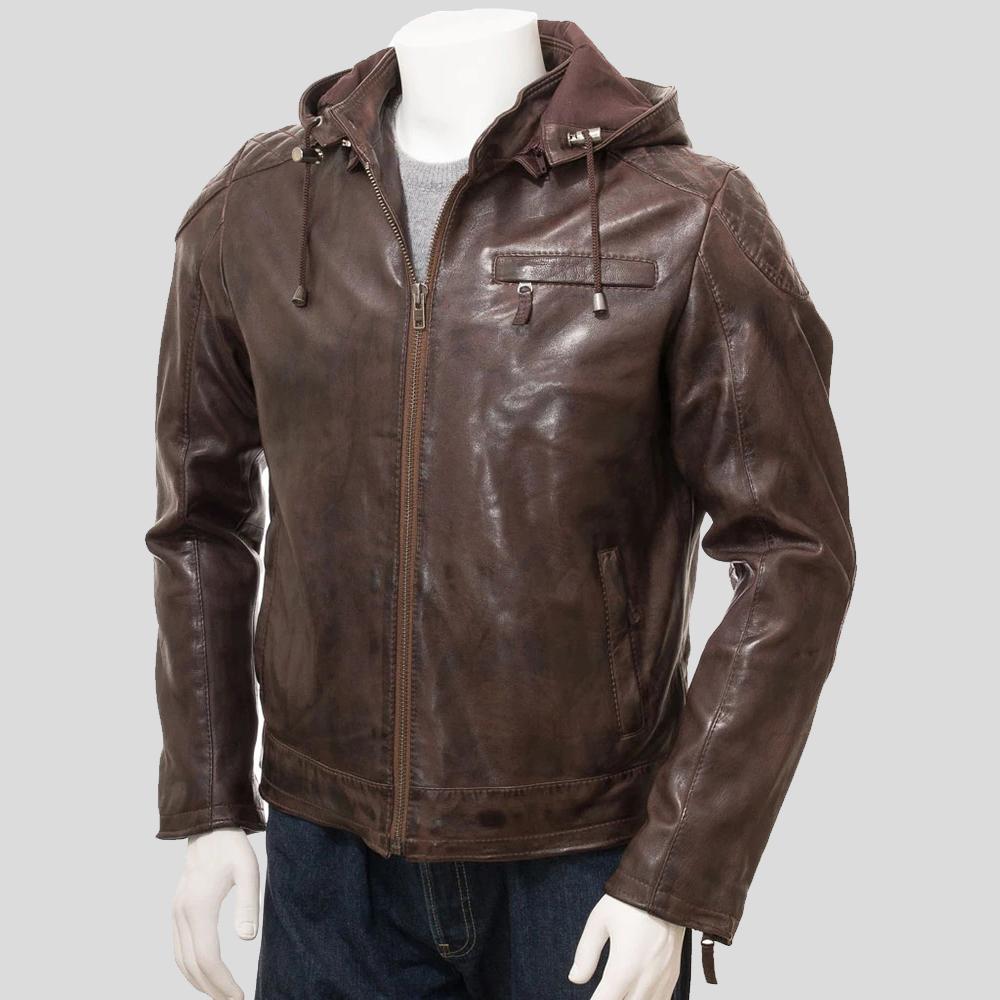 men's black hooded lambskin leather bomber jacket armand front view