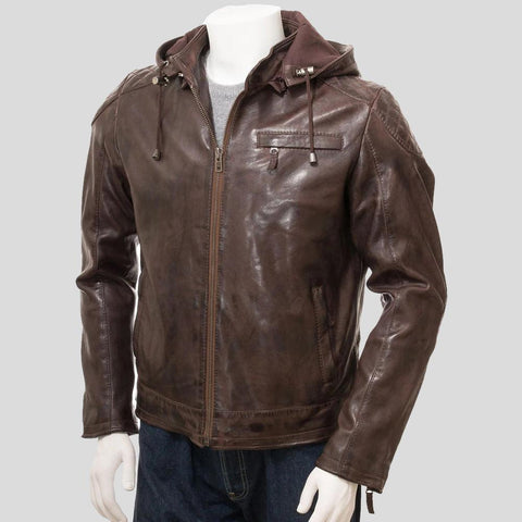 men's black hooded lambskin leather bomber jacket armand front view