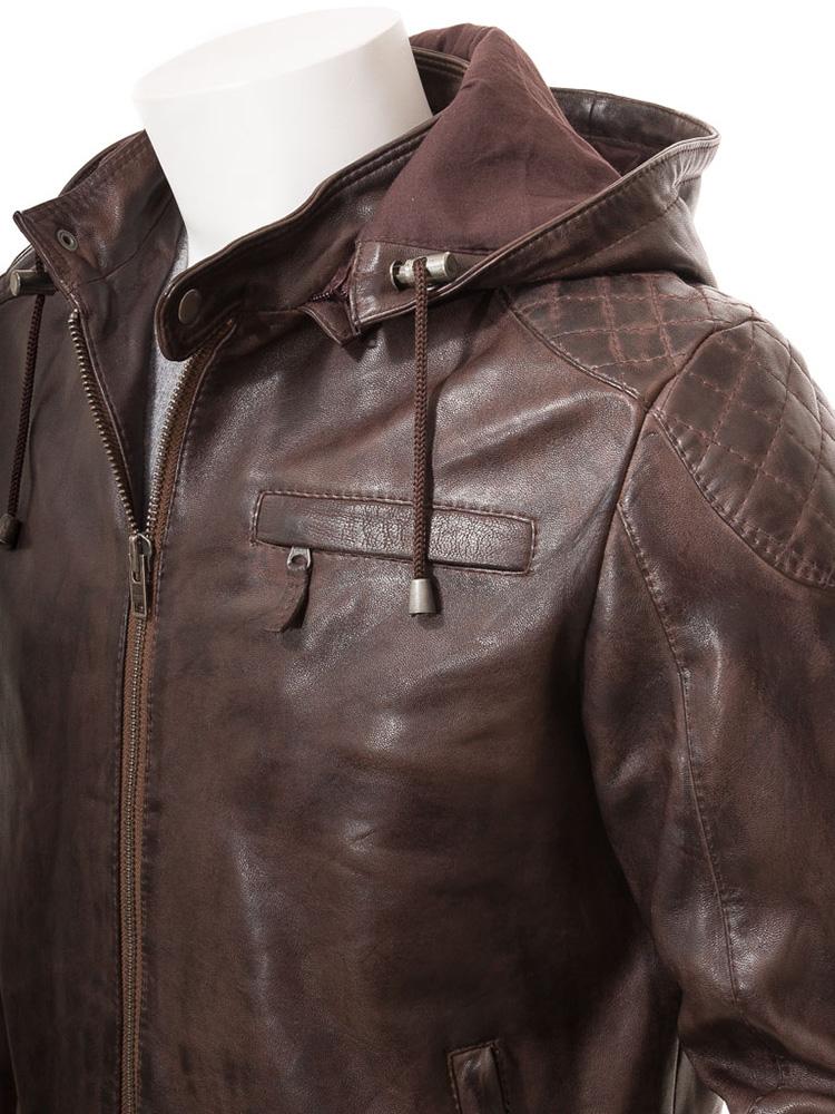 men's black hooded lambskin leather bomber jacket armand back view