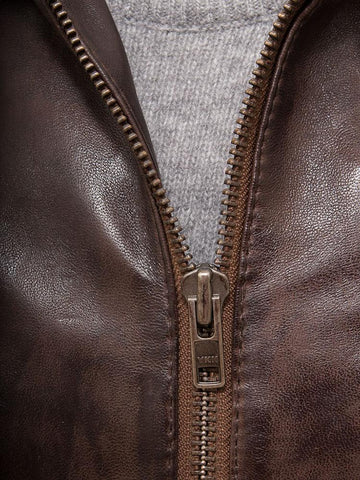 men's black hooded lambskin leather bomber jacket armand detail close up