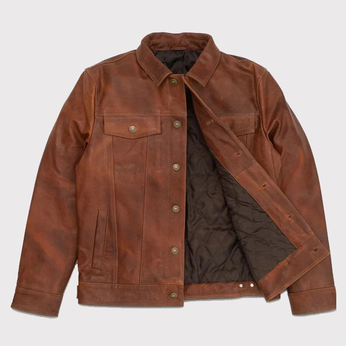 Classic Men's Goatskin Trucker Leather Jacket in Plain Brown - AMSEL LEATHERS