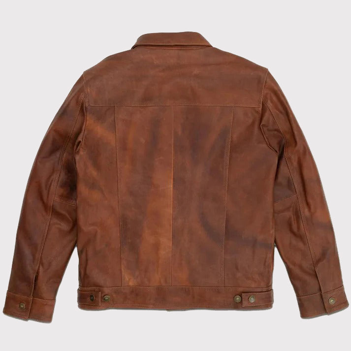 Classic Men's Goatskin Trucker Leather Jacket in Plain Brown - AMSEL LEATHERS